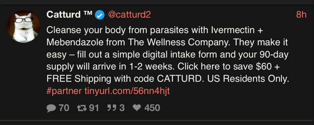 Catturd T™
@catturd2
Cleanse your body from parasites with Ivermectin + Mebendazole from The Wellness Company. They make it easy - fill out a simple digital intake form and your 90-day supply will arrive in 1-2 weeks. Click here to save $60 + FREE Shipping with code CATTURD. US Residents Only.
#partner tinyurl.com/56nn4hjt
70
4 91 993
993 ♥ 450
8h