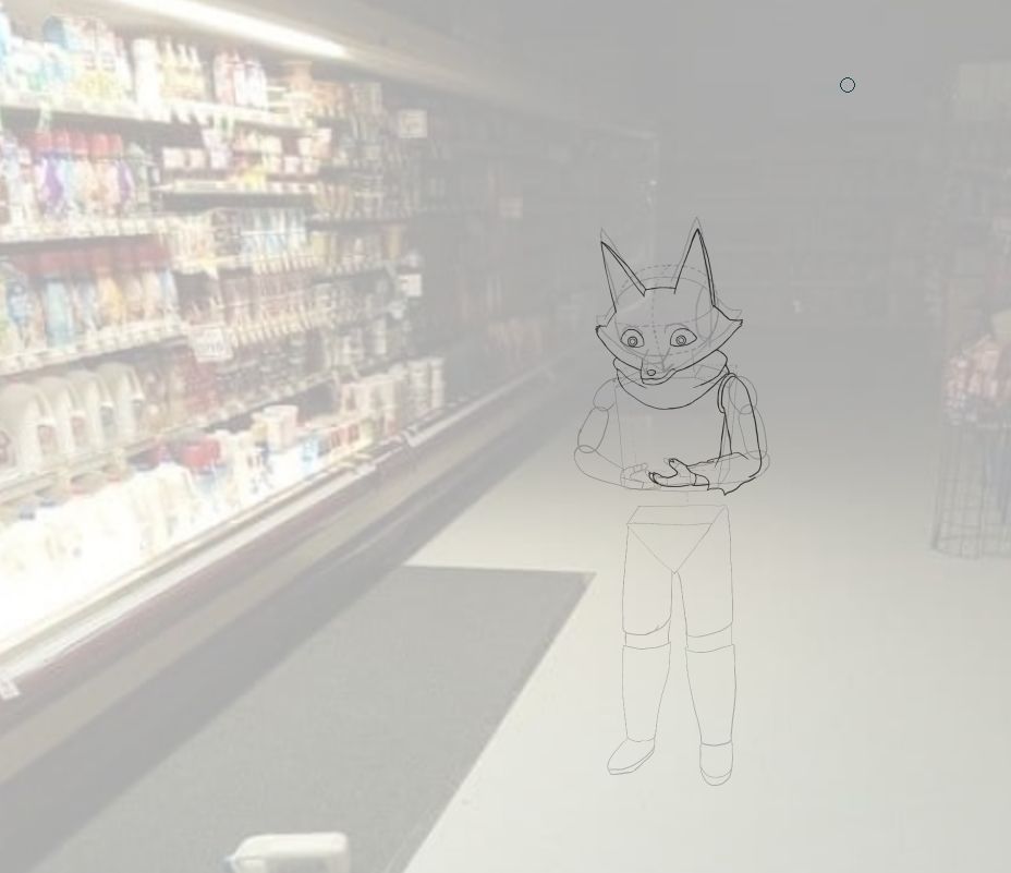 WIP digital sketch of an anthropomorphic character in a dark grocery store