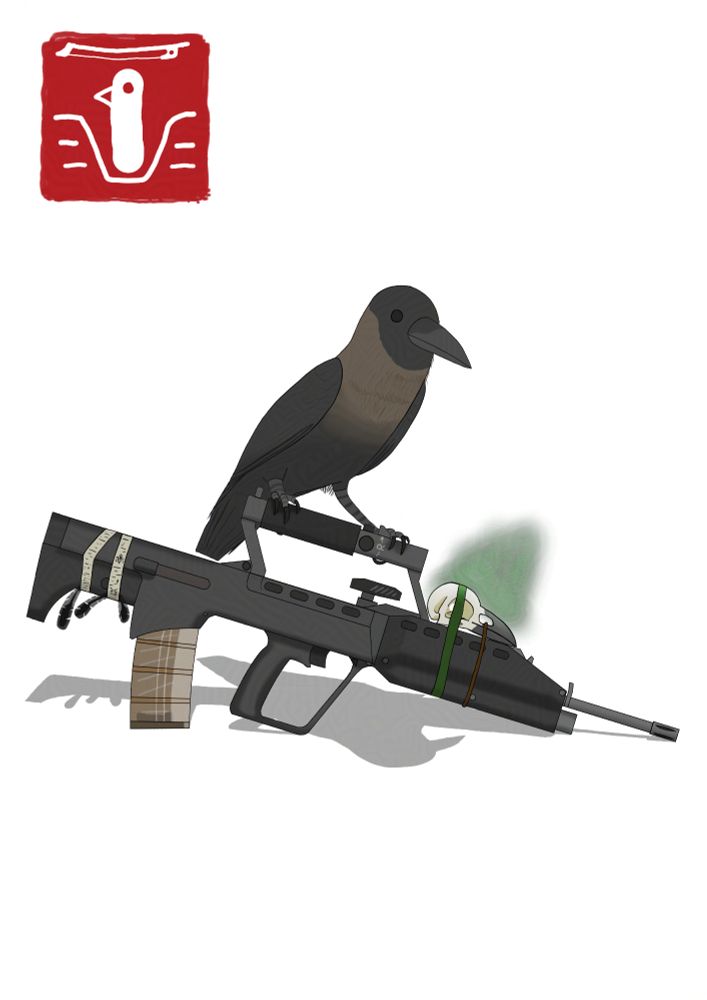 Digital art of a crow perched on a SAR 21 rifle