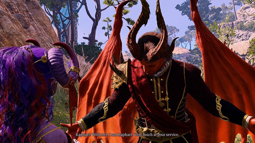 Raphael from Baldur's Gate 3, introducing himself while in his devil form. He's wearing a very nice outfit.