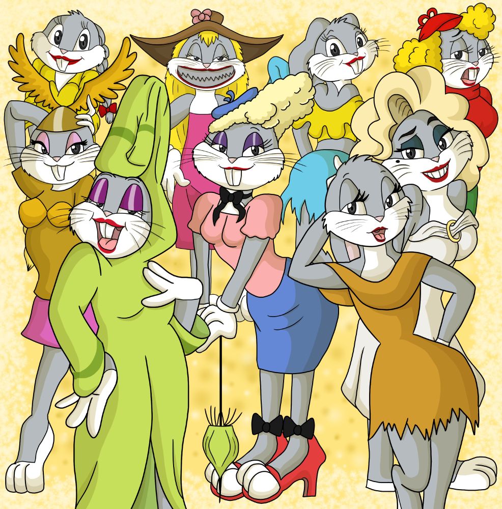 A yellow background compilation tribute to Bugs Bunny and his feminine/drag disguises. 4 are in the back (yellow shirt and braided "schoolgirl", pink dressed "Tasmanian She-Devil", yellow shirted and blue skirt "hillbilly girl", red sweatered and blonde-haired "hunter"), 3 in the middle (opera "viking", high-class lady with green umbrella and red heels, Marilyn Monroe costume), and 2 in the front (green costumed singer and brown dressed "girl in the woods").