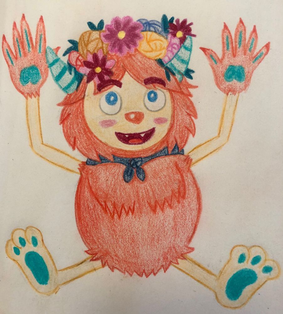 Original, coloured design piece of my monster OC Lulubelle. She is a rounded, furry creature with red fur, tan face and arms, turquoise horns, and big blue eyes. She also accessorizes with a blue handkerchief around her neck and a full flower crown on her head.