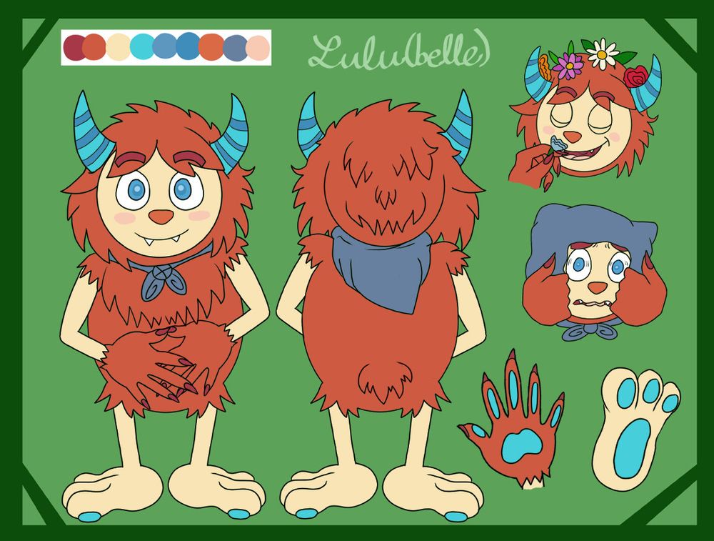 Green-backed reference sheet of Lulu(belle) the Critter of Redwood. Depicted is a front and back view of a red, furry creature with big blue eyes, tan face/arms/feet with a blue neck "hood", turquoise pads/horns, and clawed hands. To the right is a happy face of her smelling flowers she will put into her hair, her pulling up her hood in fright, and showcasing what the bottoms of her hands and feet look like.