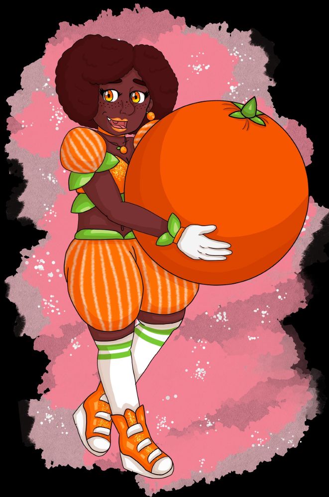 Against a sparkly, layered pink splotchy background is a dark-skinned, curly haired magical girl smiling at the viewer. She has a orange theme to her outfit, including an orange striped, green-leafed summery top and bottoms with poofy sleeves, sparkling boots, and white thigh-high socks with green stripes. She is holding a giant orange in her arms like it's a beach ball.
