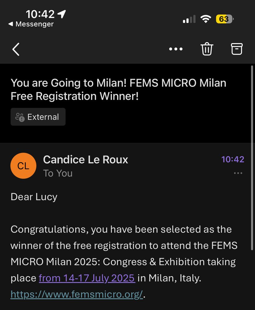 The email showing I won entrance to the FEMS conference. 