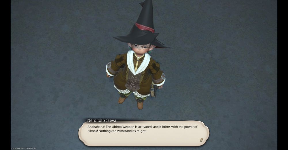 final fantasy 14 screenshot of a high angle looking down at a Lalafel in a tall wizard hat as she looks up at the camera. In the speechbox below is a villain's monologue. The lalafel looks uninterested.