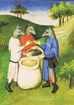 A Medieval painting of three men, each with dog heads, stood around two large sacks of grain in a field. They are wearing white, blue and red tunics respectively, and gesturing as though haggling.