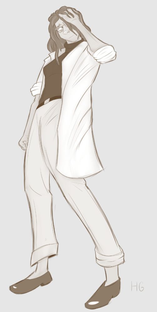 Digital sketch of the Doctor from Placeholder by HQM, a creative work of meta fiction derived from the web serial Worm. She is wearing glasses, a lab coat with the sleeves rolled up, a black turtleneck sweater, light trousers, and office shoes. Her left hand is buried in her hair.