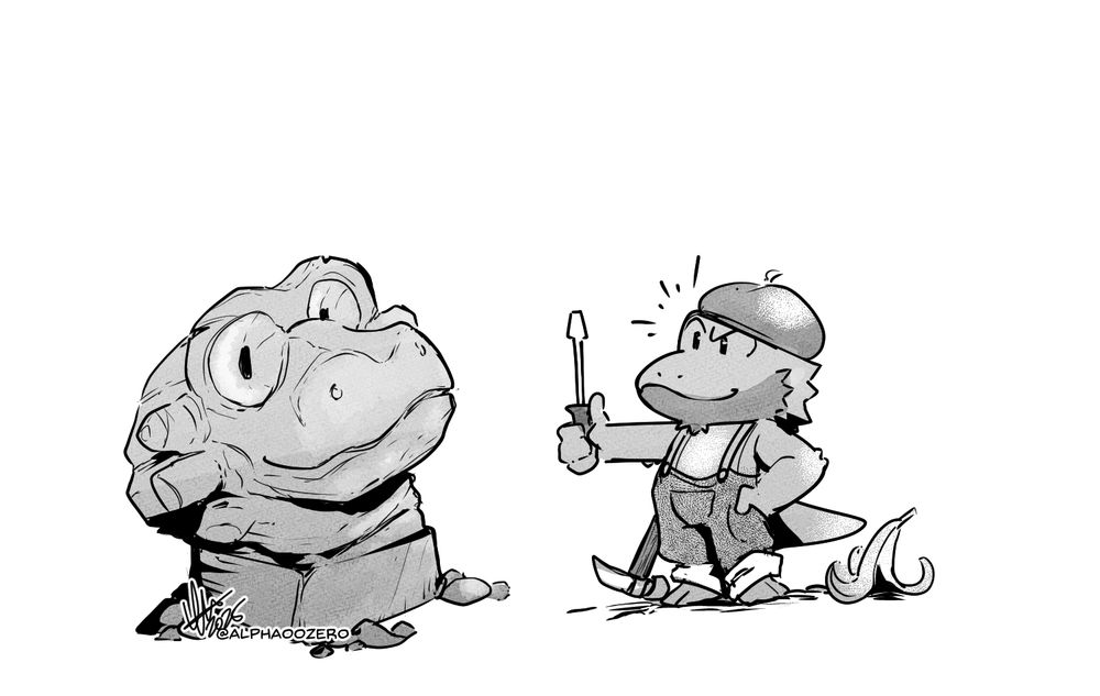 Little pogona lizard with overalls and a small beret looking proud of it's self portrait stone sculpture