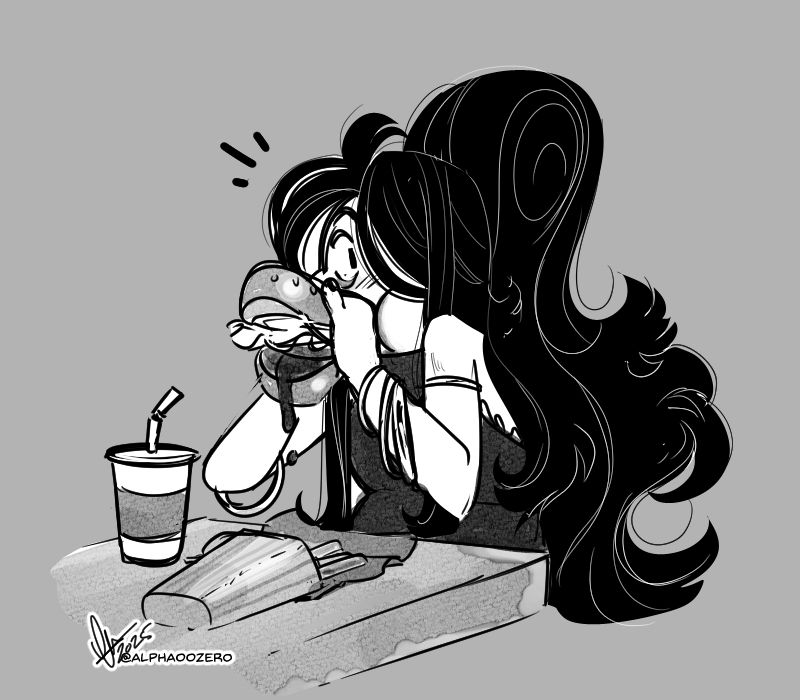 Sketch of Florentine with her hair in a high ponytail sitting at a fast food table, biting on a burger that is slowly opening up on the other end and dripping ketchup while looking surprised at the viewer.

She also got fries and a drink in her order.