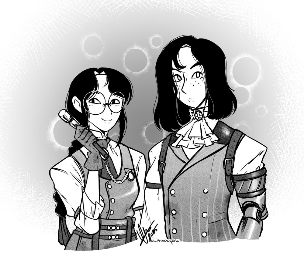 Waist-up of both Eugènie (left) and the Puppet (right) from Lies of P.

Eugènie is holding a small hammer. The Puppet is simply standing next to her.

The background is a simple gradient with "light bubbles".