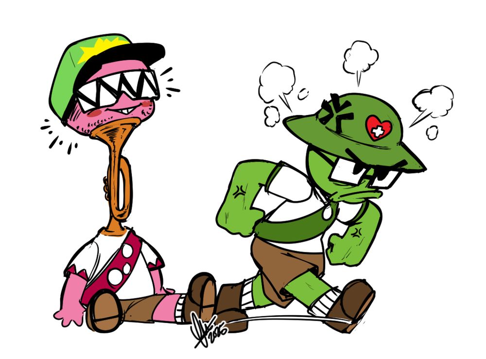 Sketch of Lythero (right) and Zyzx's (left) avatars from the game "Peak". 

Lythero's is angrily walking away from a very happy Zyzx's who he stuck the latter's neck thru a brass bugle, leaving it's head poking out of the instrument.