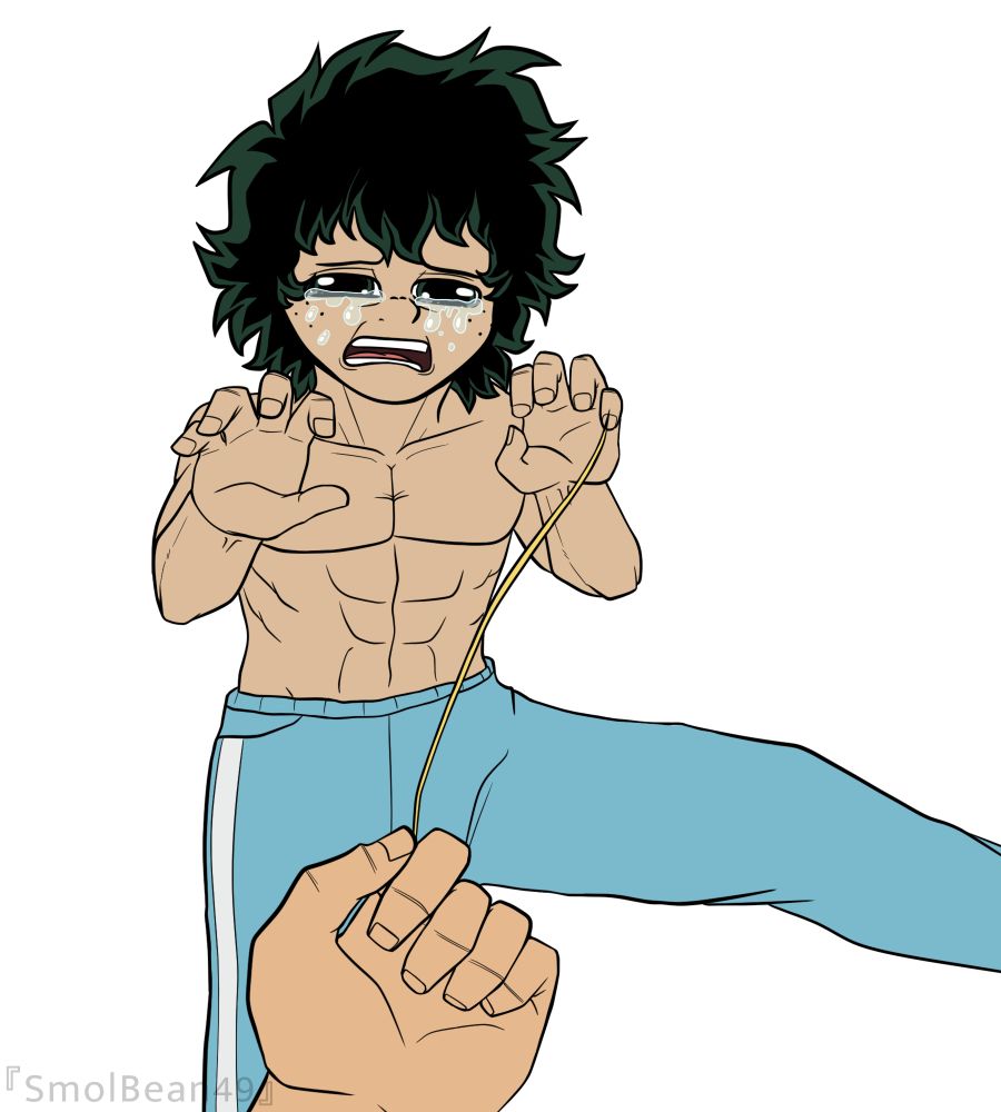 Digital art of Izuku Midoriya and Toshinori Yagi from My Hero Academia. Izuku is wearing the outfit shown in season 1 (the blue tracksuit pants from when he had just finished training for the entrance exams). He has both of his hands in front of him with a scared expression on his face. Tears are falling down his cheeks as he cries over All Might’s hair being handed to him. It’s based off of this video of a child being absolutely terrified of a piece of spaghetti.