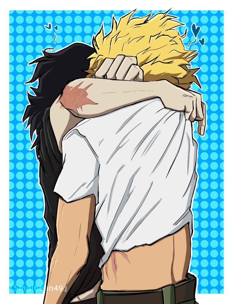 Digital art of Toshinori Yagi and Shouta Aizawa from My Hero Academia. They are both holding onto each other and kissing. Toshinori’s back is facing the viewer at an angle. Shouta has his arms wrapped around Toshinori, right hand holding onto the fabric of his white t shirt while his other hand is in a fist, the cloth lifting to expose his lower back and side, showing off the bottom of his scar on his left side. Shouta is wearing a black t shirt of his own with black pants. The shirt is lifted just a bit to expose some of his lower midrift. Toshinori has his left arm kind of against Shoua’s side, with his hand cropped out of view at the bottom. He’s also wearing his usual green cargo pants and dark brown belt. The background is blue with light blue dots spaced close together. There are also 4 slightly darker blue hearts around the pair’s head.