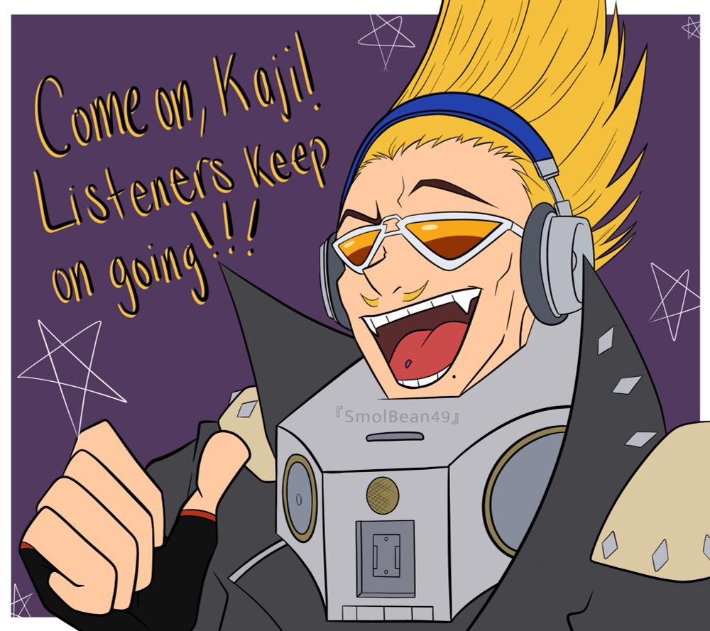 Digital art of Hizashi Yamada from My Hero Academia. He has one of his eyebrows furrowed while the other is lifted. He also has fangs and a purple tongue piercing. He’s in his hero uniform. Behind him is a black background, a few white stars, and the words, “Come on, Kaji! Listeners keep on going!!!”