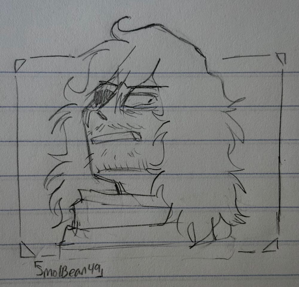 Traditional pencil sketch of Shouta Aizawa from My Hero Academia. He has his head slightly tilted up with an upset expression on his face. He’s gritting his teeth. He also has his capture weapon. 