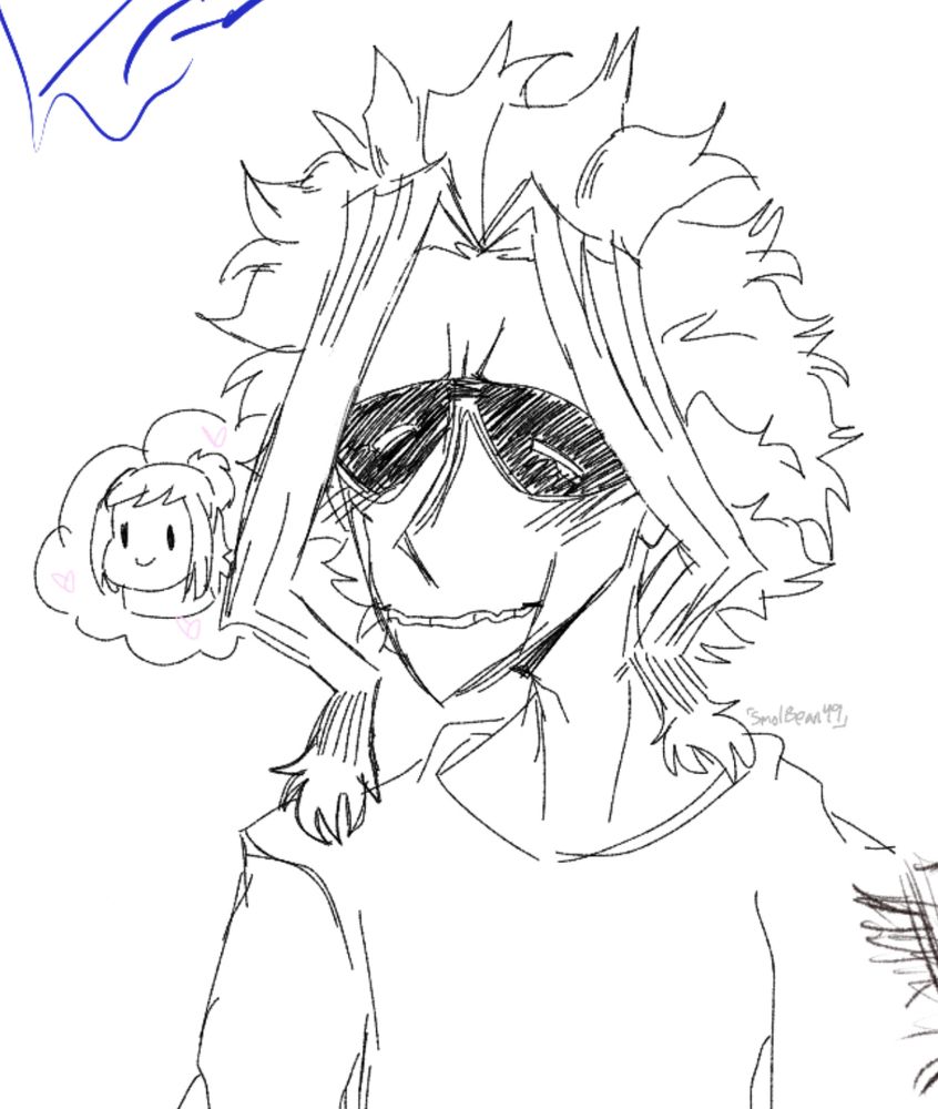 Digital sketch of Toshinori Yagi from My Hero Academia. He’s blushing with his eyes closed and a silly smile on his face while thinking about Inko Midoriya. It was done on Magma with my finger.
