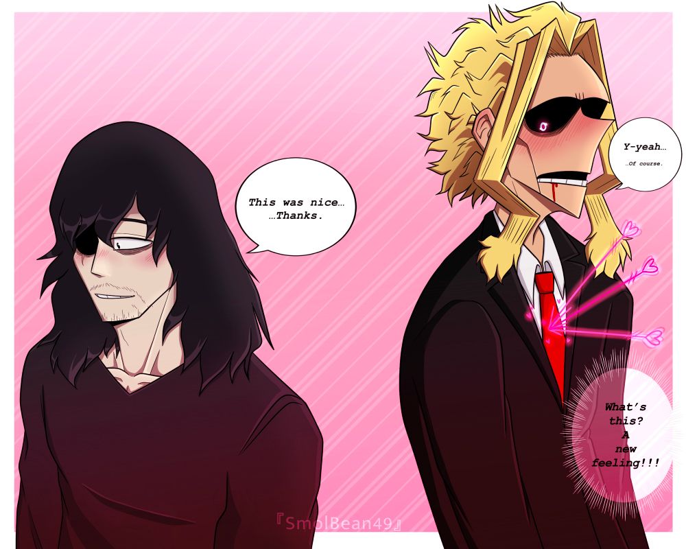 Digital art of Toshinori Yagi and Aizawa Shouta from My Hero Academia. Prompt: “Realizing Feelings.” For Beef Steak on Discord. Left: Shouta glancing down while blushing, a soft smile on his face. He’s wearing a v neck shirt that stops just below his collar bones. He’s blushing while saying “This was nice… …Thanks.” Right: Yagi is glancing down at him from an angle, face flushed red and a bit of blood trickling down his chin. He’s saying “Y-Yeah… Of course.” He’s dressed in a plain black suit with a white shirt and red tie. Three pink arrows are hitting his chest with little hearts surrounding the point. On the bottom right is a bubble saying “What’s this? A new feeling!!!” 