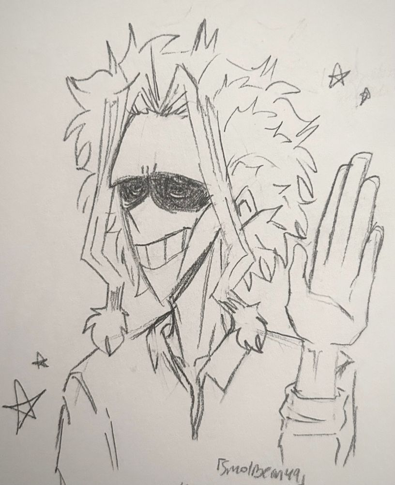 Pencil sketch of Toshinori Yagi from My Hero Academia. He’s giving a toothy smile with his eyes closed, his left hand raised. He’s wearing a button down shirt, minus the buttons. There are little stars around him.