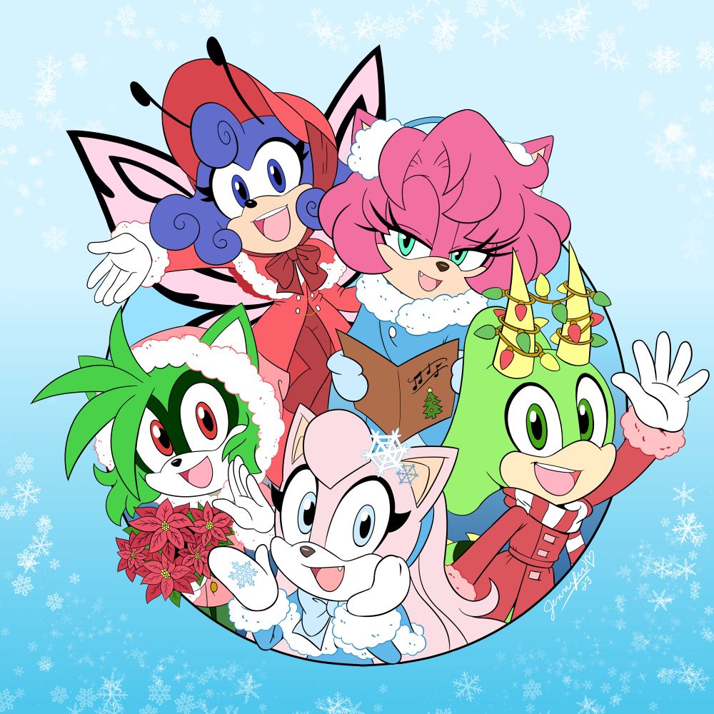 Christmas themed art featuring the Jewel Carriers in holiday wear. 