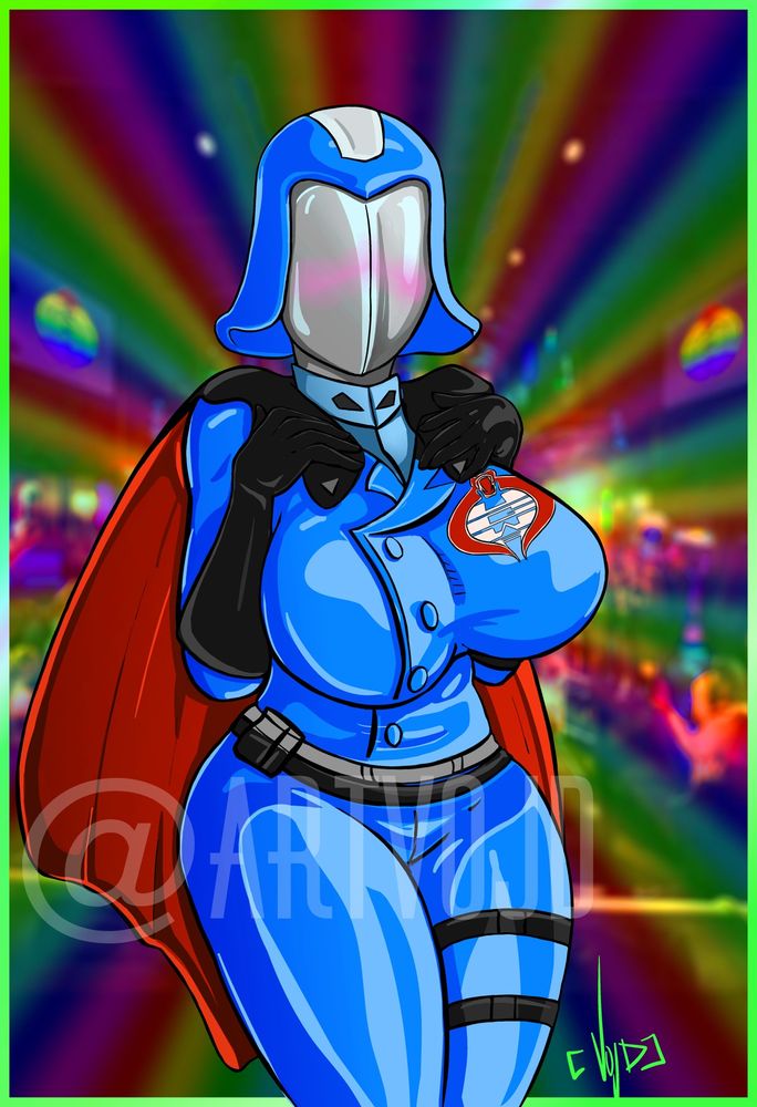 original character design meant to look like Cobra Commander for UnderGround Wrestling Alliance. character is blushing with round hips and a large chest against a rainbow background