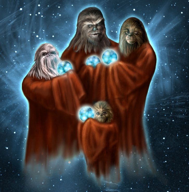 a family of wookies pondering their orbs