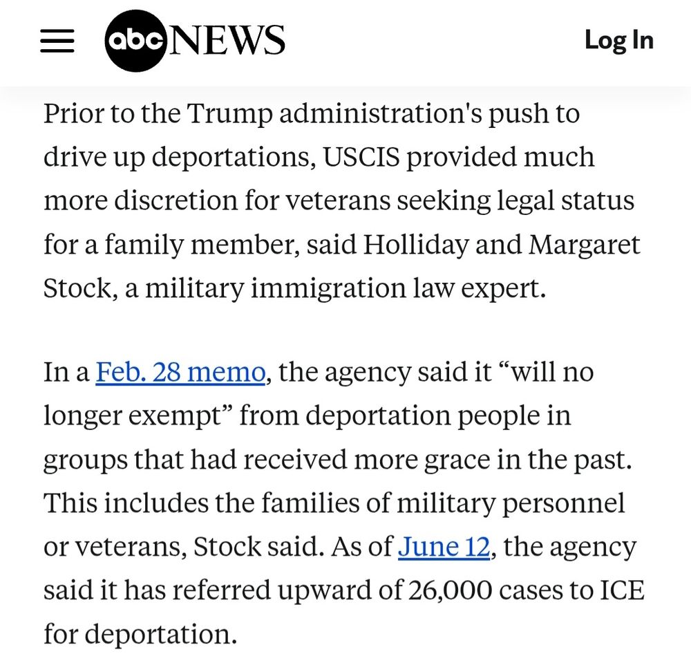 Excerpt explaining that under Donald Trump's push for mass deportations, discretion for veterans seeking legal status for a family member is no longer a consideration.