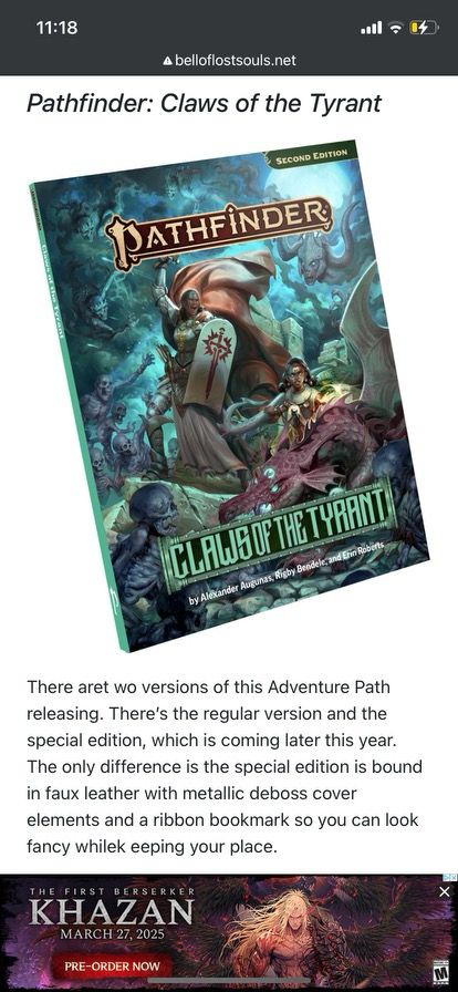 A picture of a printer Pathfinder 2E adventure, Claws of the Tyrant, along with a text note that there is a standard and deluxe version of this adventure available soon from Paizo!