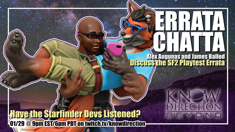 James, a Black human man, and Alex, a kitsune man, are eagerly digesting the Starfinder 2E Playtest on Alex's Smart Phone. James is carrying Alex in his arms, flabbergasted with delight at the masterful changes proposed by Paizo Inc while Alex lounges carelessly. 