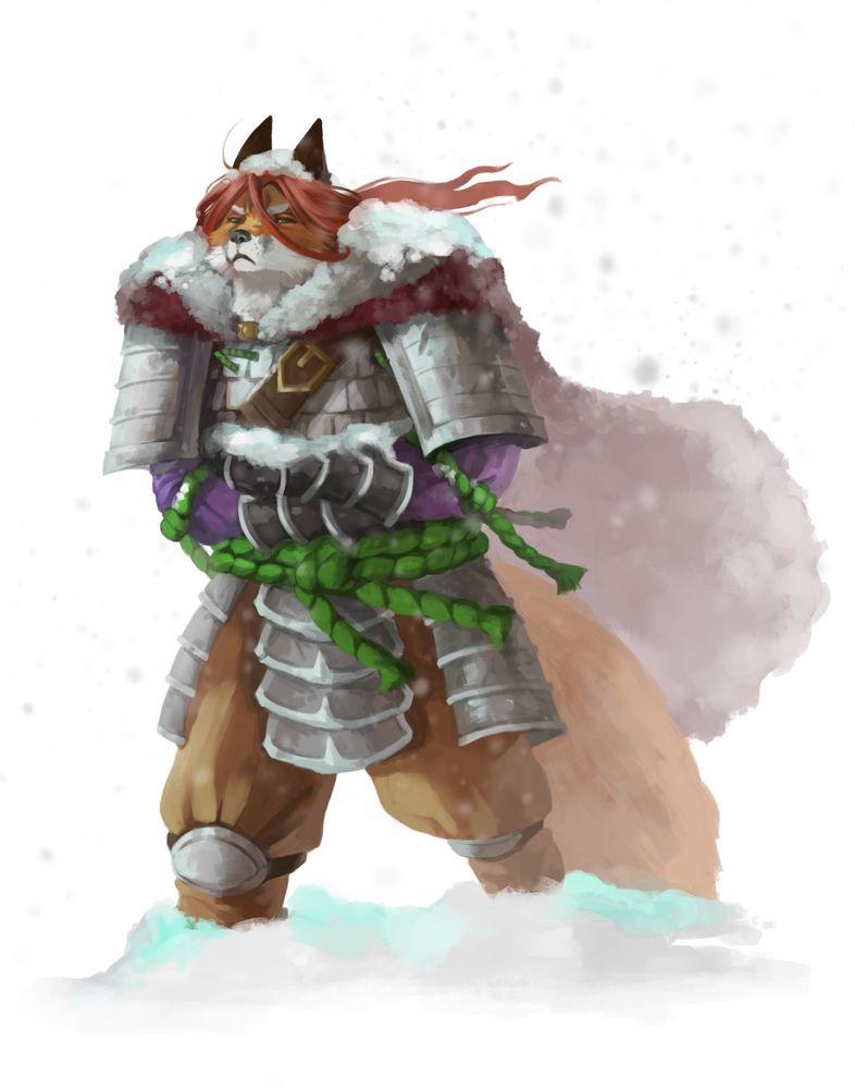A foxfolk stands in a snowy blizzard, shivering. He looks displeased as his face scrunches like the “it’s heckin wimdy,” meme fox. Art by Laura Galli.