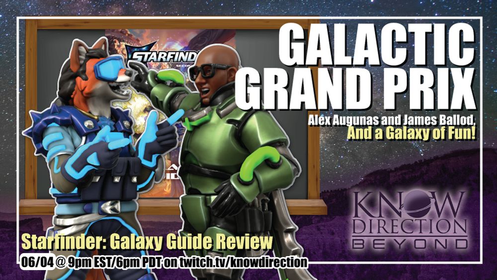 Alex, portrayed as a vulpine kitsune with electric-blue technomantic gear that glows with magic and high-voltage, cheers James, an olive-clad soldier in heavy gear and weaponry, finds the star in Starfinder 2E!