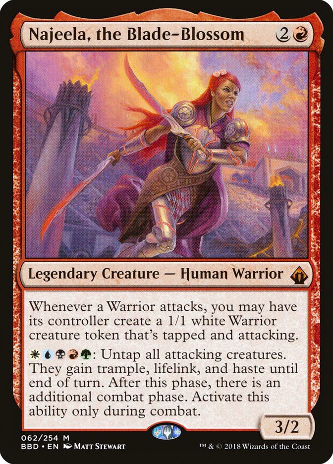 Najeela has a WUBRG activated ability, and when you determine color identity you check all pips on the card, not just those in the casting cost. Najeela is a mono-red card with a WUBRG color identity in commander because of her ability.