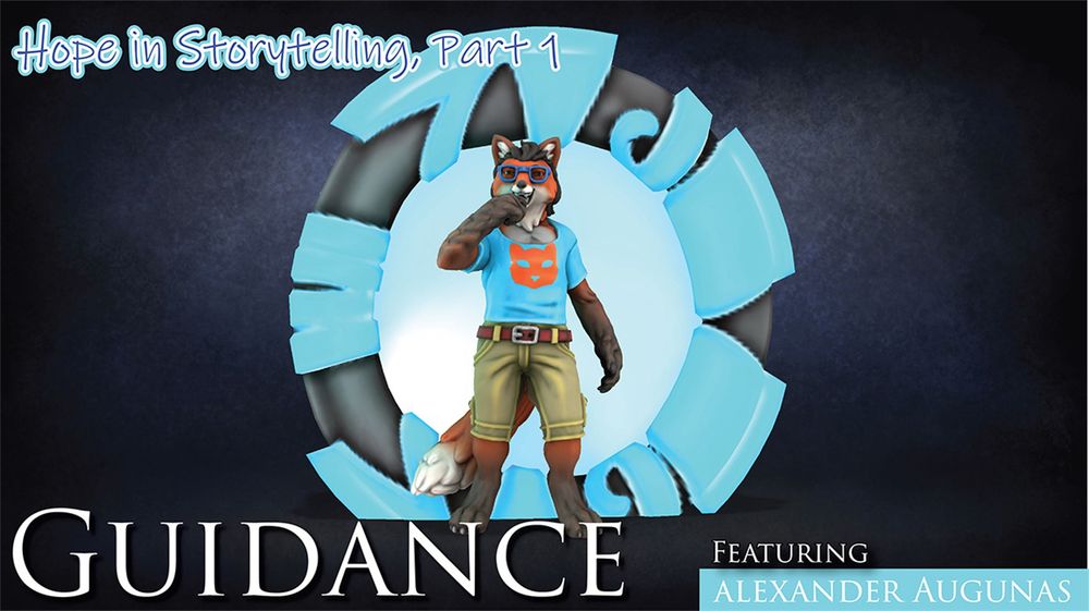 A fox guy in a blue T-shirt and khakis stands before a glowing blue portal, marking the return of Guidance, a blog on KnowDirectionPodcast.com.