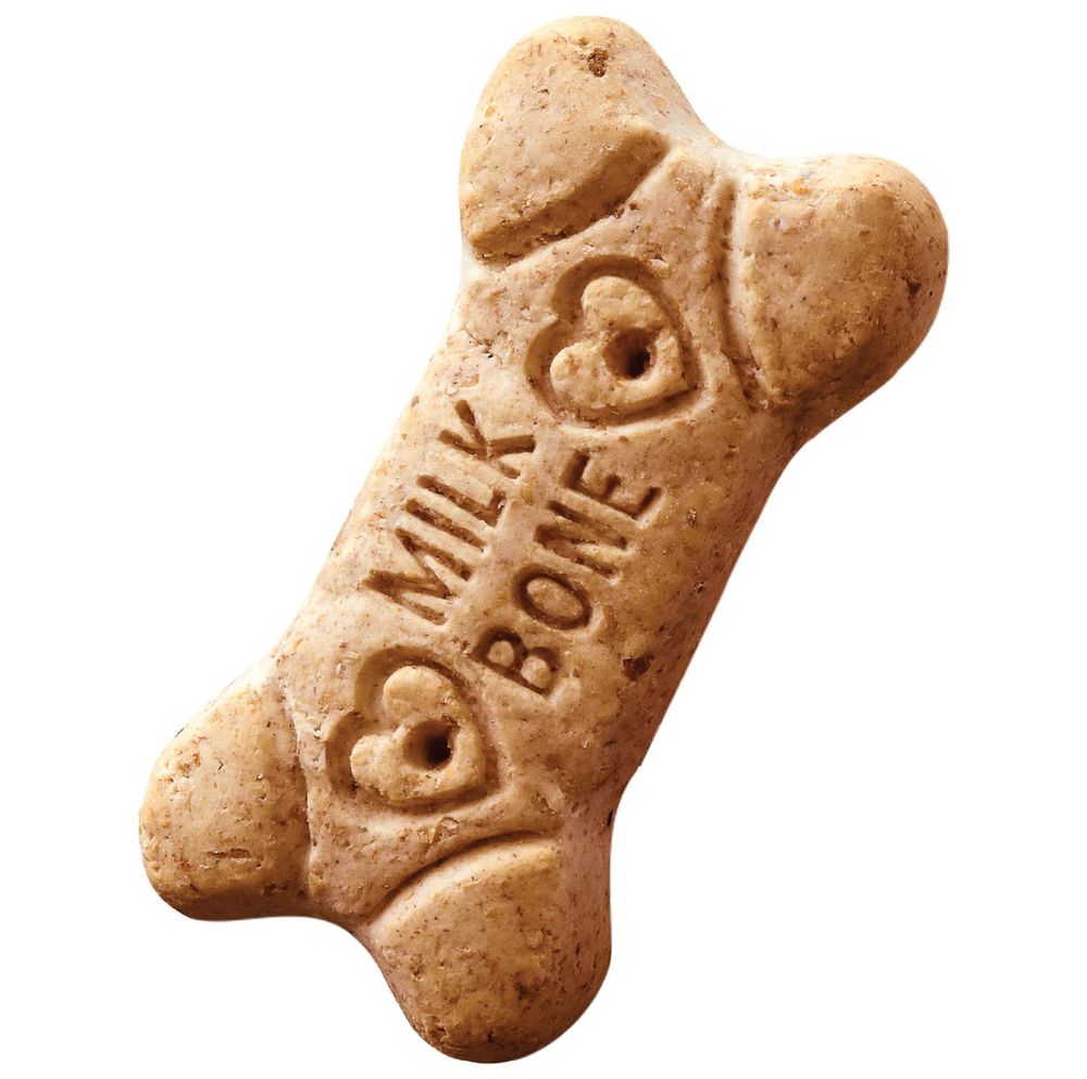 A single Milk-Bone dog treat biscuit against a white background.