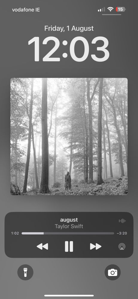 Screenshot of a lock screen showing August by Taylor Swift is playing. The date is August 1st and the time is 12:03am