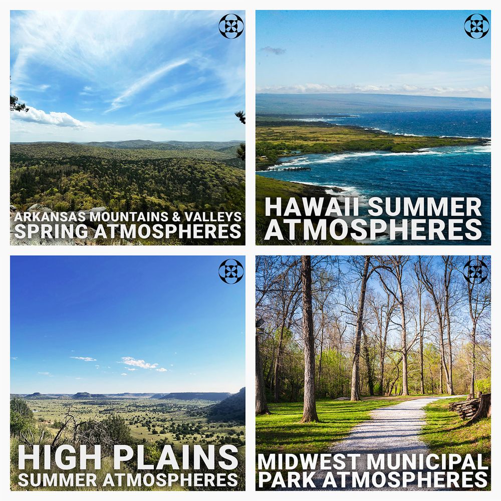 Cover art for the following sound effects libraries; Arkansas Mountains and Valleys Spring Atmospheres, Hawaii Summer Atmospheres, High Plains Summer Atmospheres, and Midwest Municipal Park Atmospheres.