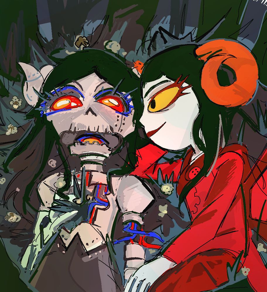 fan art of god tier aradia megido chilling with a very rotting aradiabot 