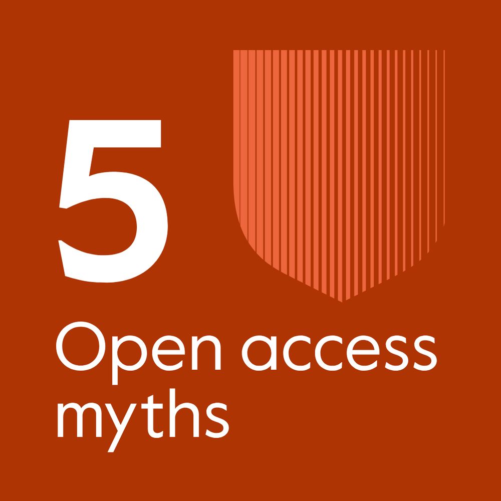 Graphic representing '5 Open Access Myths' with the number 5 prominently displayed, set against a stylized shield background in orange.