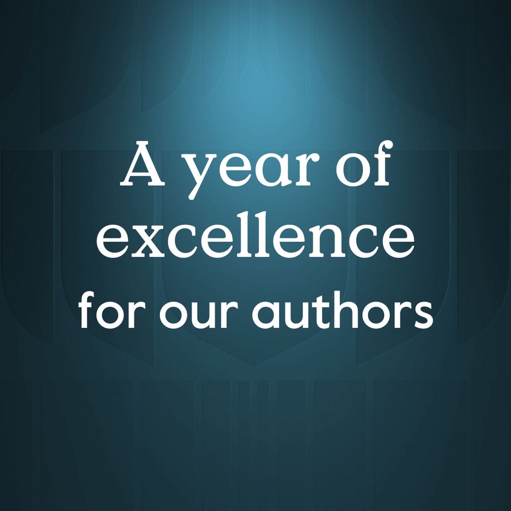 Graphic with a Cambridge dark blue background featuring a shield design, with text that reads 'A year of excellence for our authors.'