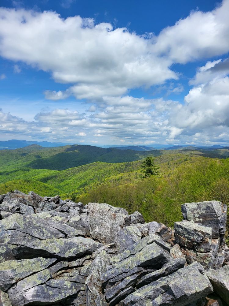 Low, light clouds float across a green mountain landscape on a sunny day