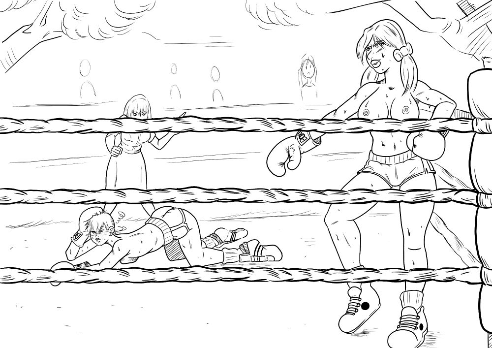 Two girls boxing topless outdoors. The older woman is down, rubbing her head with her boxing glove while the ref counts. The younger girl is cocky, posing, and pointing at her opponent.
