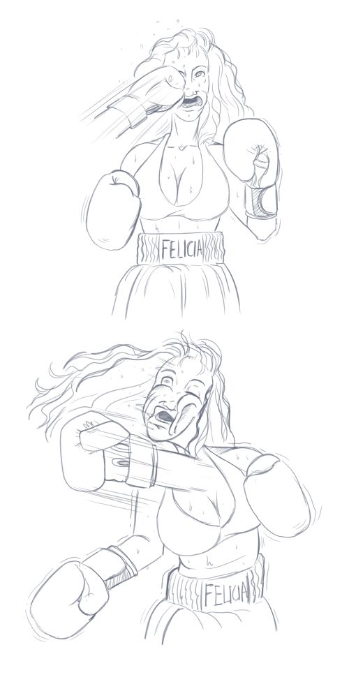Female boxer Felicia takes hard punches to the face in a boxing match.
