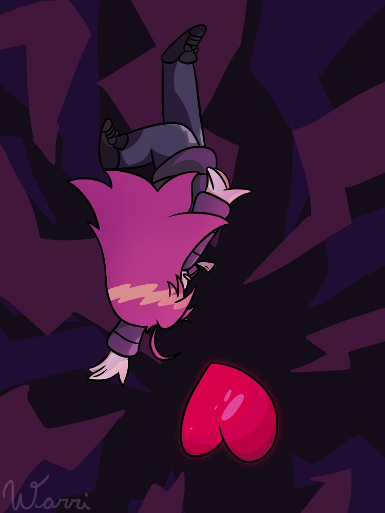 An edited version of the digital drawing of Madeline, with the colors changed to show Badeline instead, reaching up towards a red crystal heart that glows brightly against a starry sky. This version is from 2022.