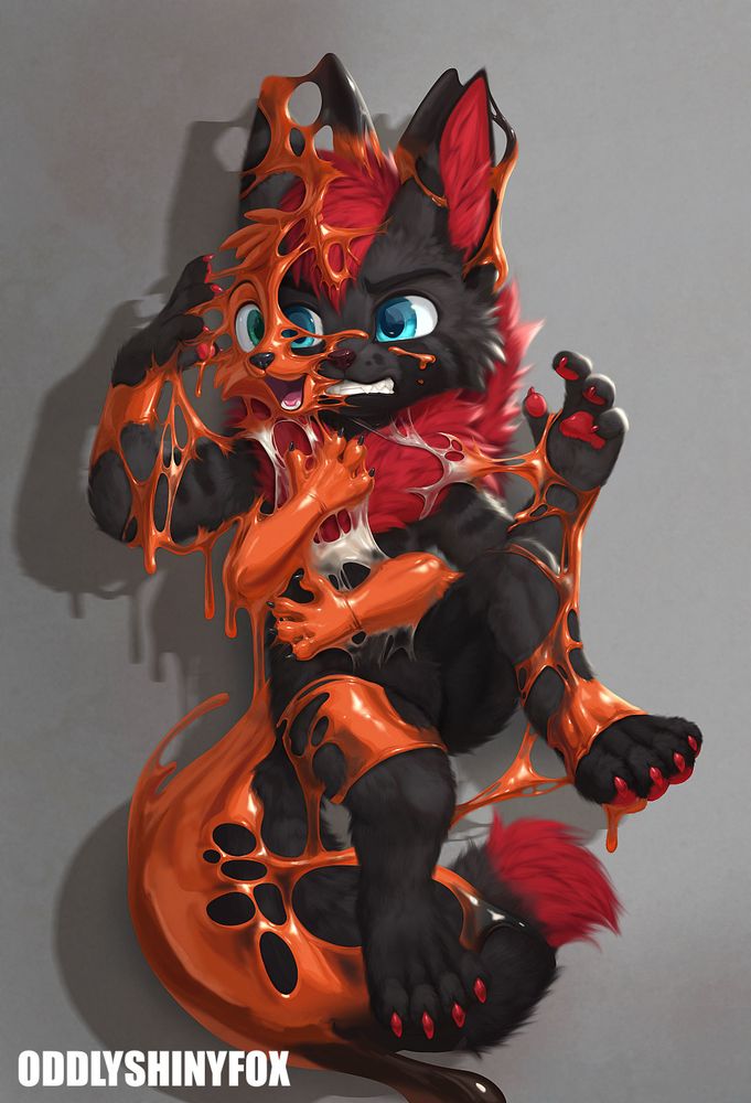 Scene shows the character, Sebastion (owned by Fluggie), in the process of being gooped and taken over by Kite, a gooey fennec fox.