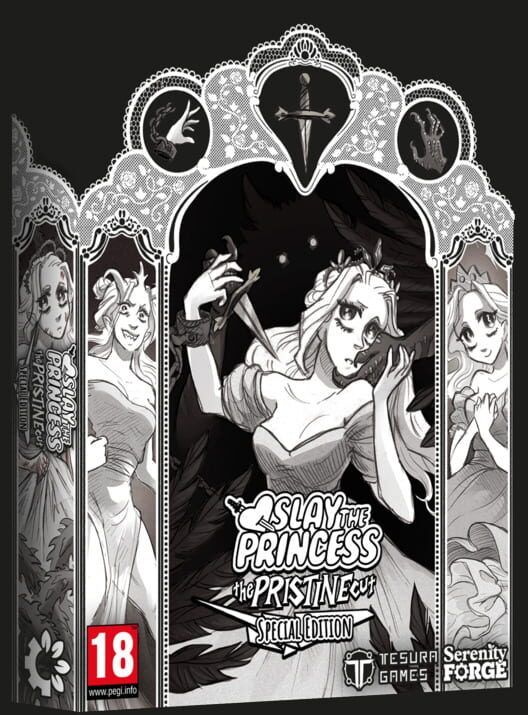 Boîte du jeu "Slay the Princess - The Pristine Cut". On y voit la Princesse tenir une lame, tandis que d'autres versions de la Princesse apparaissent sur les côtés.