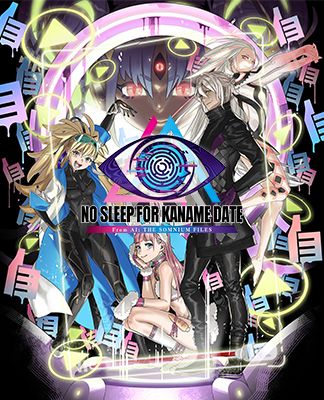Cover du jeu "No Sleep for Kaname Date, from AI : The Somnium Files".
On y voit à gauche une jeune femme blonde avec des lunettes de laboratoire verte sur la tête. Elle est habillée d'une tenue noire et d'une blouse de scientifique.
Au centre de l'image se trouve une jeune femme aux cheveux roses en tenue qui rappelle un lapin. 
A la droite de l'image se trouve un homme aux cheveux blancs et portant un pantalon et une veste noire et des gants violets. Derrière lui se trouve une femme qui semble flotter dans les airs. Elle a des cheveux blancs et des yeux rouges.

Derrière ces personnages, en arrière-plan, se trouve une femme aux cheveux gris/violets possédant trois yeux rouges.

Au centre de l'image est écrit le titre du jeu.