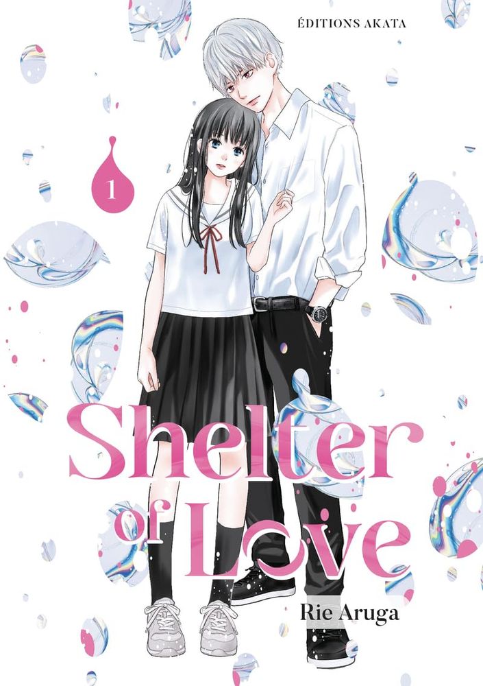 Premier tome du manga "Shelter of Love", de Rie Aruga. On voit une fille aux cheveux longs et noirs avec un uniforme (t-shirt blanc et jupe noire) et un garçon plus grand qu'elle aux cheveux blancs et en uniforme (t-shirt blanc et pantalon noir). Le titre est écrit en rose vers le bas de la couverture