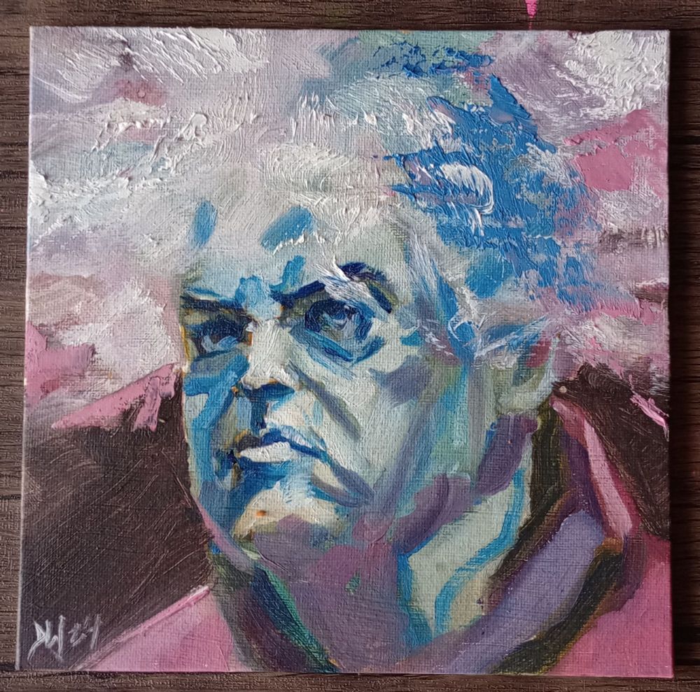 oil painting of King Buzzo from the Melvins, pink, purple, blue