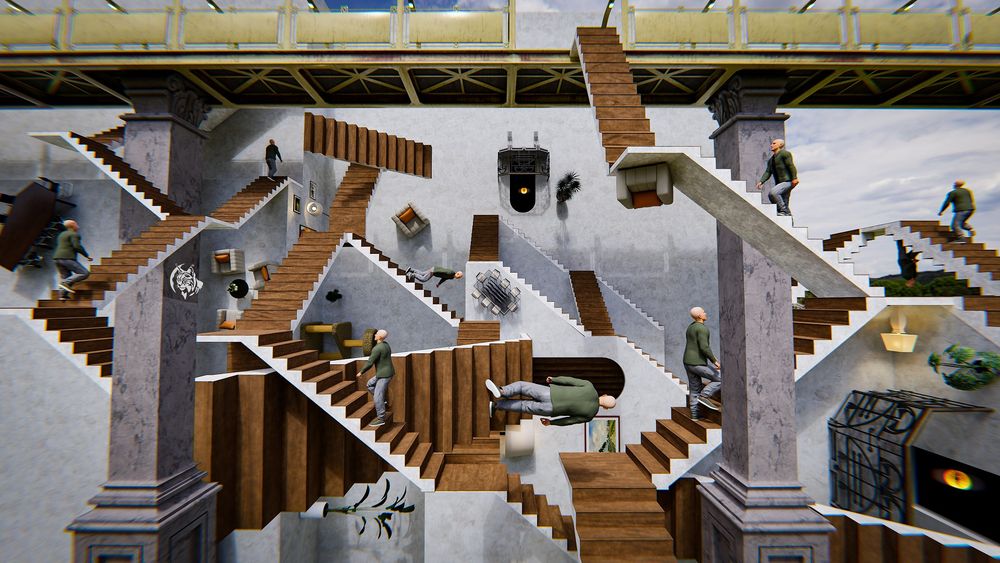surrealistic 3d render showing impossible architecture and weird perspective. fun fact - all the character models in this render are the same size
