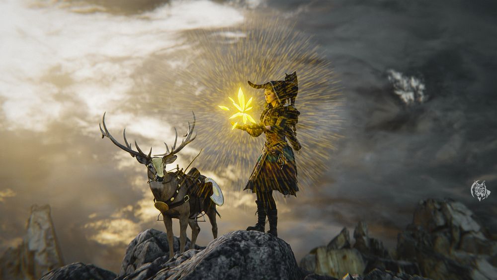 3d render showing a woman in fantasy adventurer gear standing on top of a cliff with a group of crystals hovering above her outstretched hands. next to her is a saddled deer and a cat is standing on her shoulders